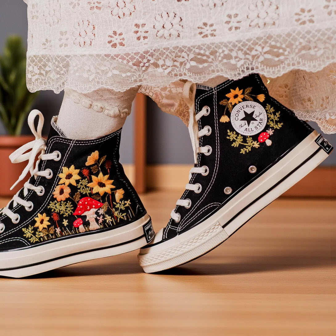 Mushroom High Top Converse with colorful floral embroidery for a unique stylish look