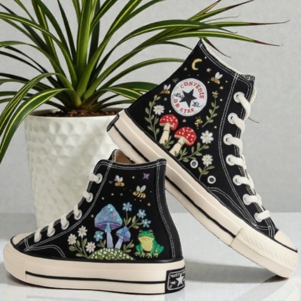 Converse Mushroom Shoes with Colorful Embroidery of Mushrooms and Flowers on Black Canvas