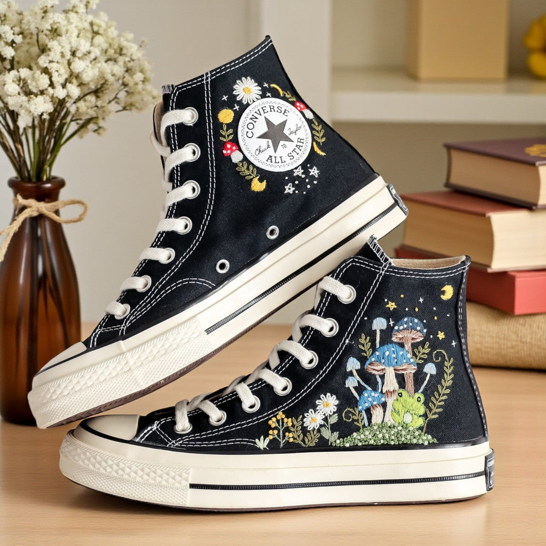 Converse embroidered mushroom shoes featuring colorful designs on stylish black canvas