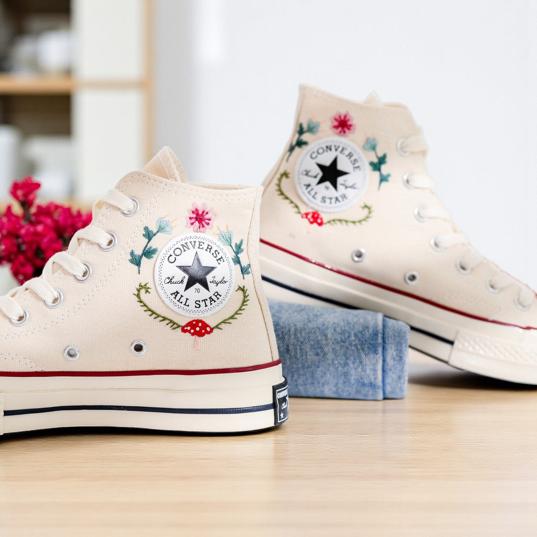 Converse Embroidered Mushroom Shoes for Ladies with Floral Design and Classic High-Top Style