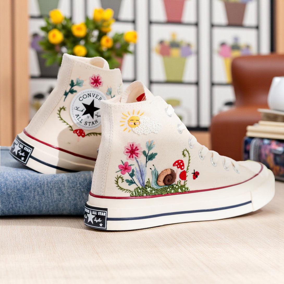 Converse embroidered mushroom shoes for ladies featuring floral designs and a classic silhouette