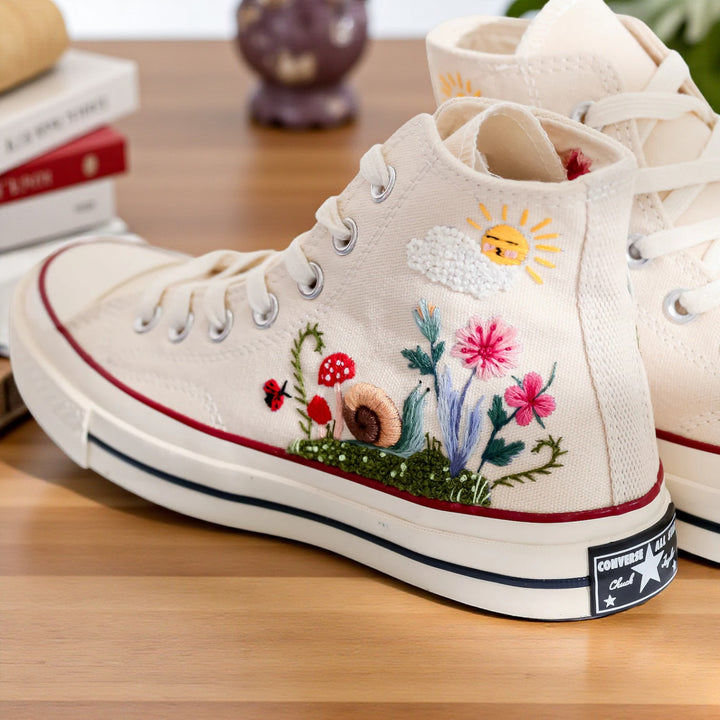 Converse embroidered Mushroom Shoes For Ladies featuring colorful floral designs and a fun snail motif