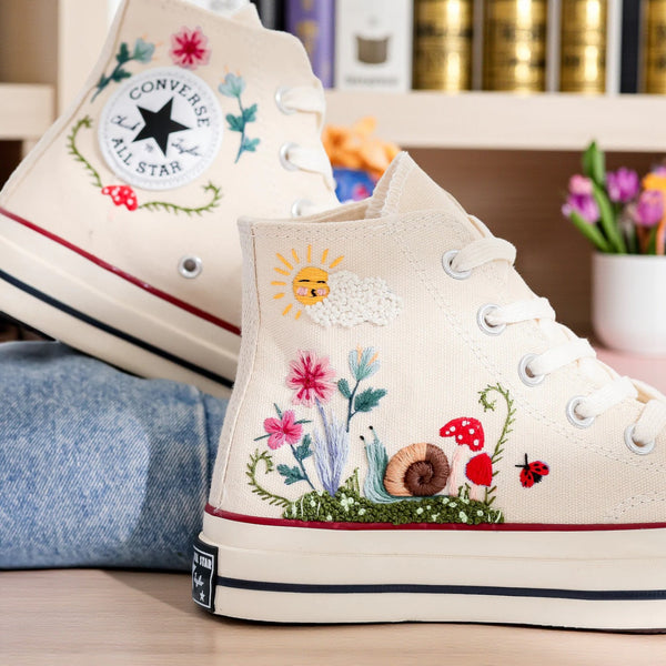 Converse embroidered shoes featuring colorful floral and mushroom designs, perfect as mushroom shoes for ladies