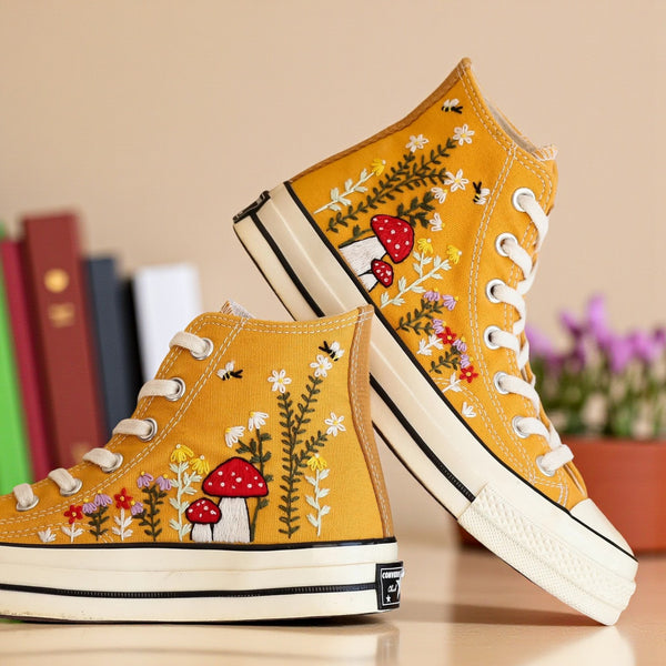 Converse embroidered mushroom shoes for women with colorful floral designs and a yellow canvas upper