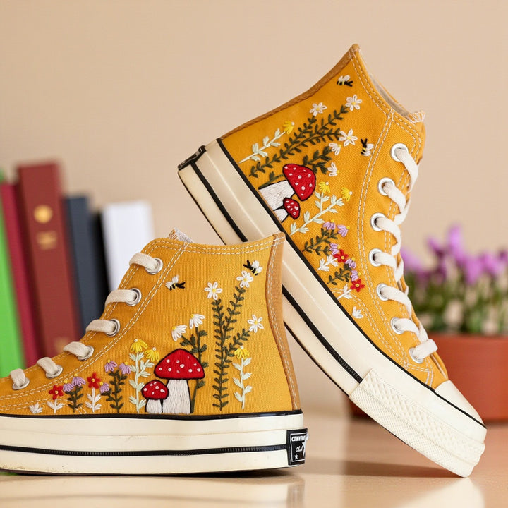 Converse embroidered mushroom shoes for women with colorful floral designs and a yellow canvas upper