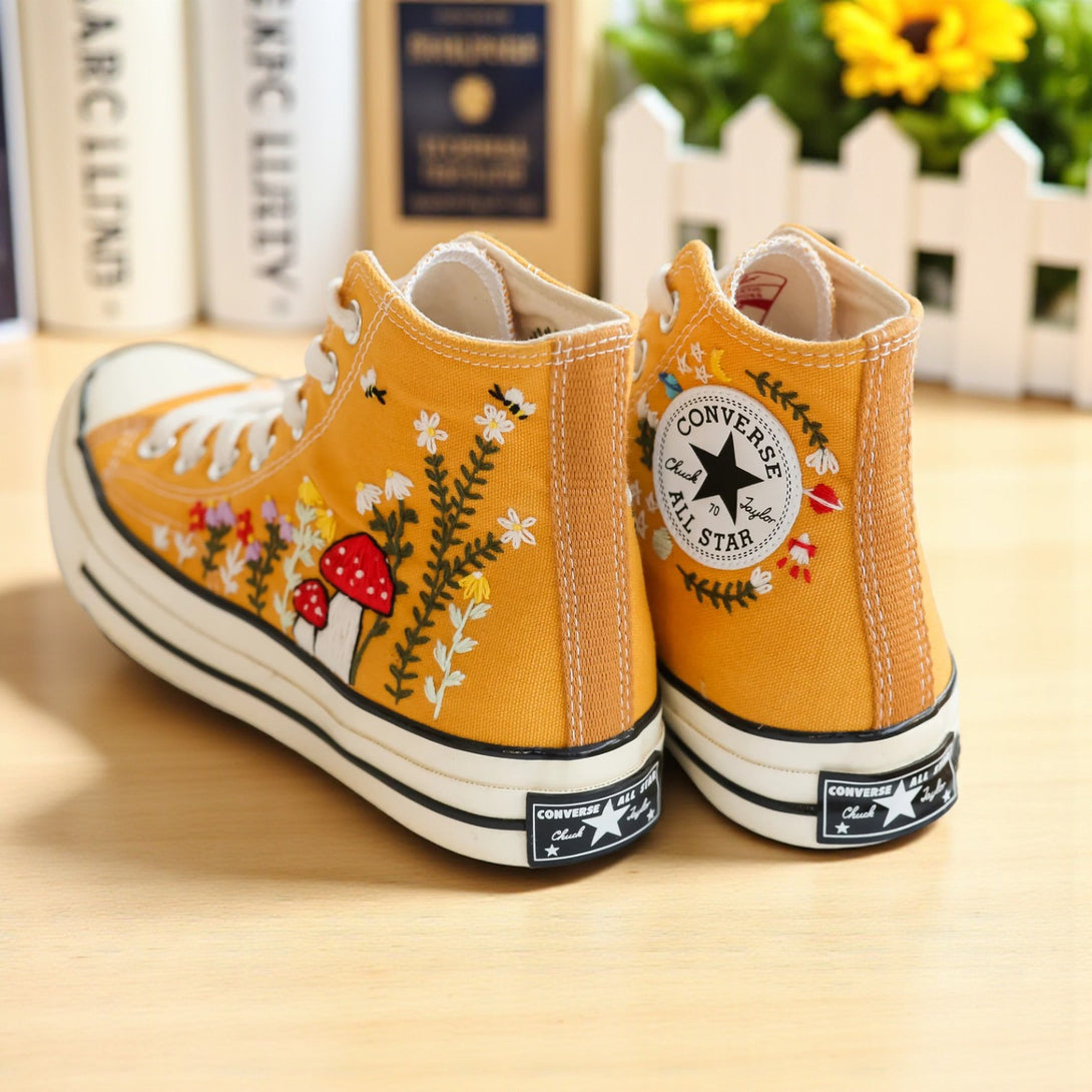 Yellow Converse Embroidered Mushroom Shoes For Women with floral designs on the back