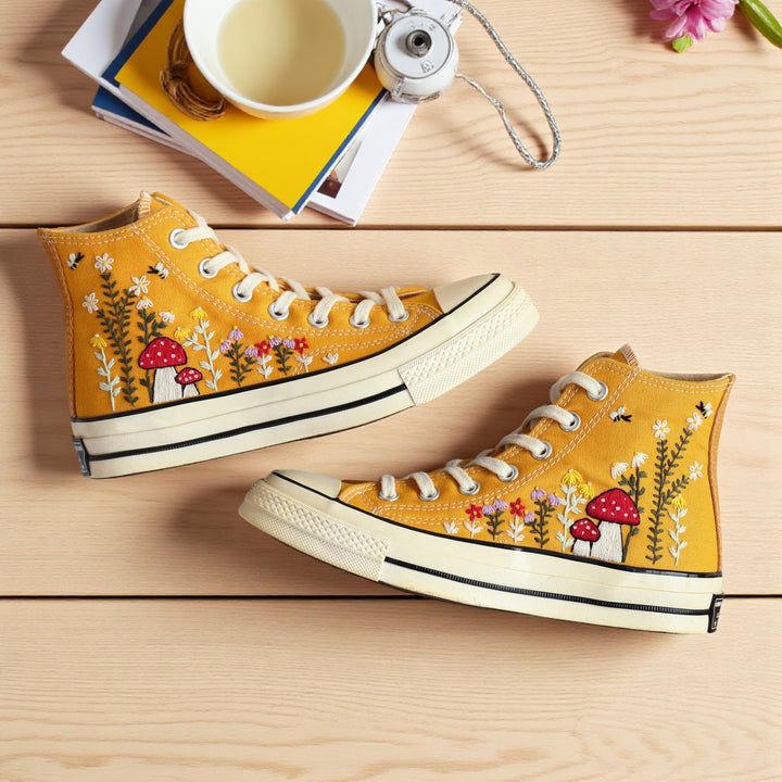 Converse embroidered Mushroom Shoes For Women in yellow with floral designs and whimsical mushrooms