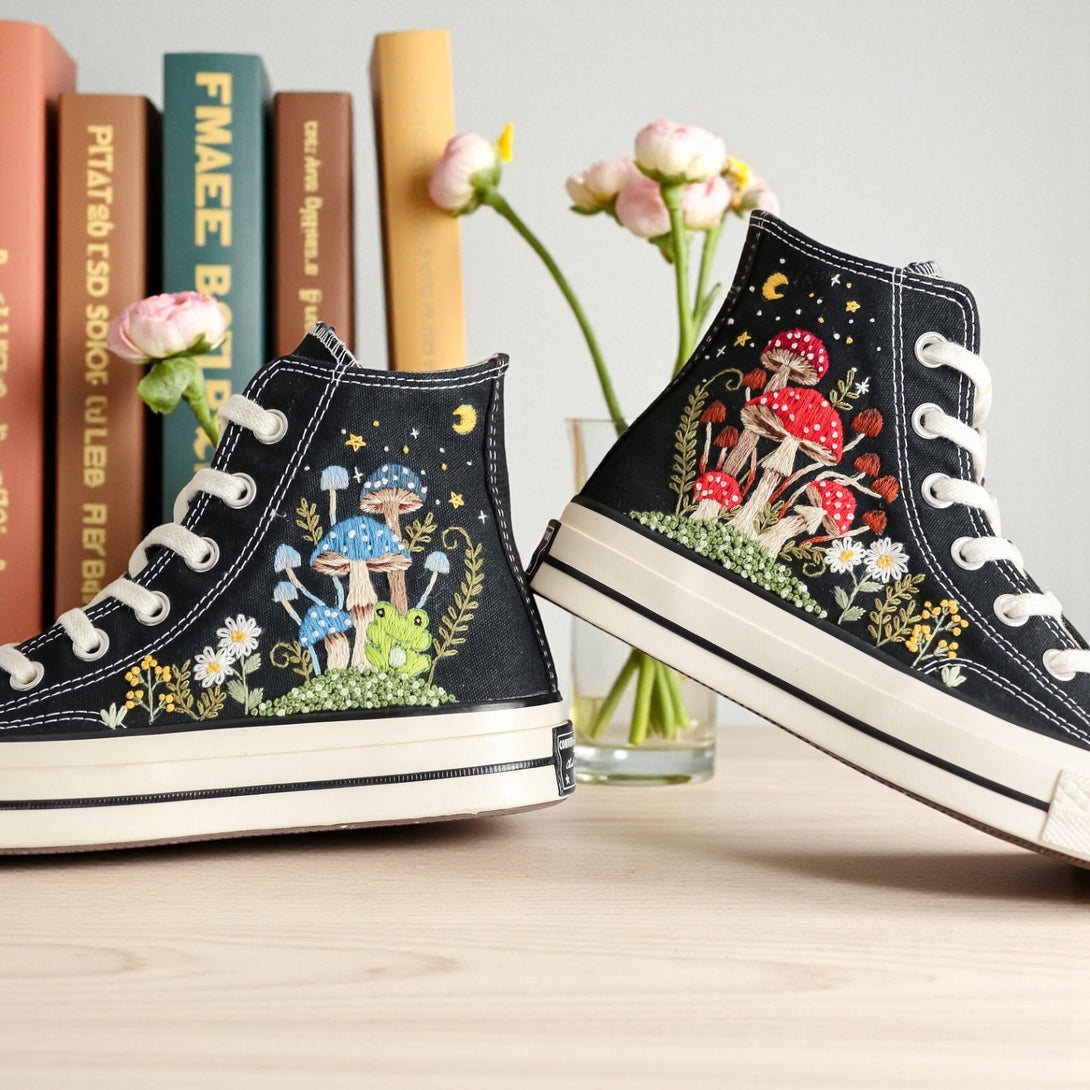 Converse embroidered Mushroom Shoes featuring colorful mushroom designs on black canvas