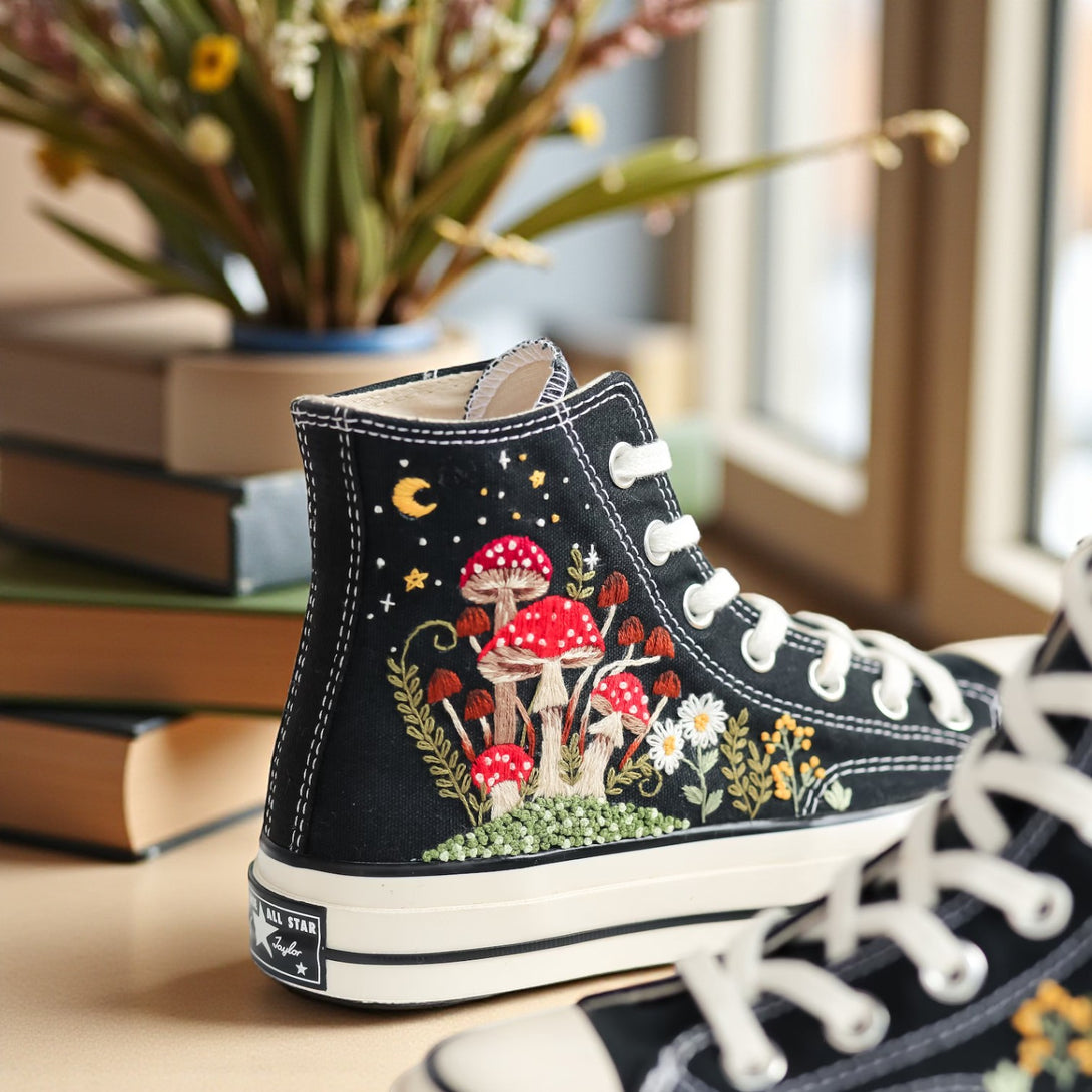 Converse embroidered shoes featuring colorful mushroom designs for unique style