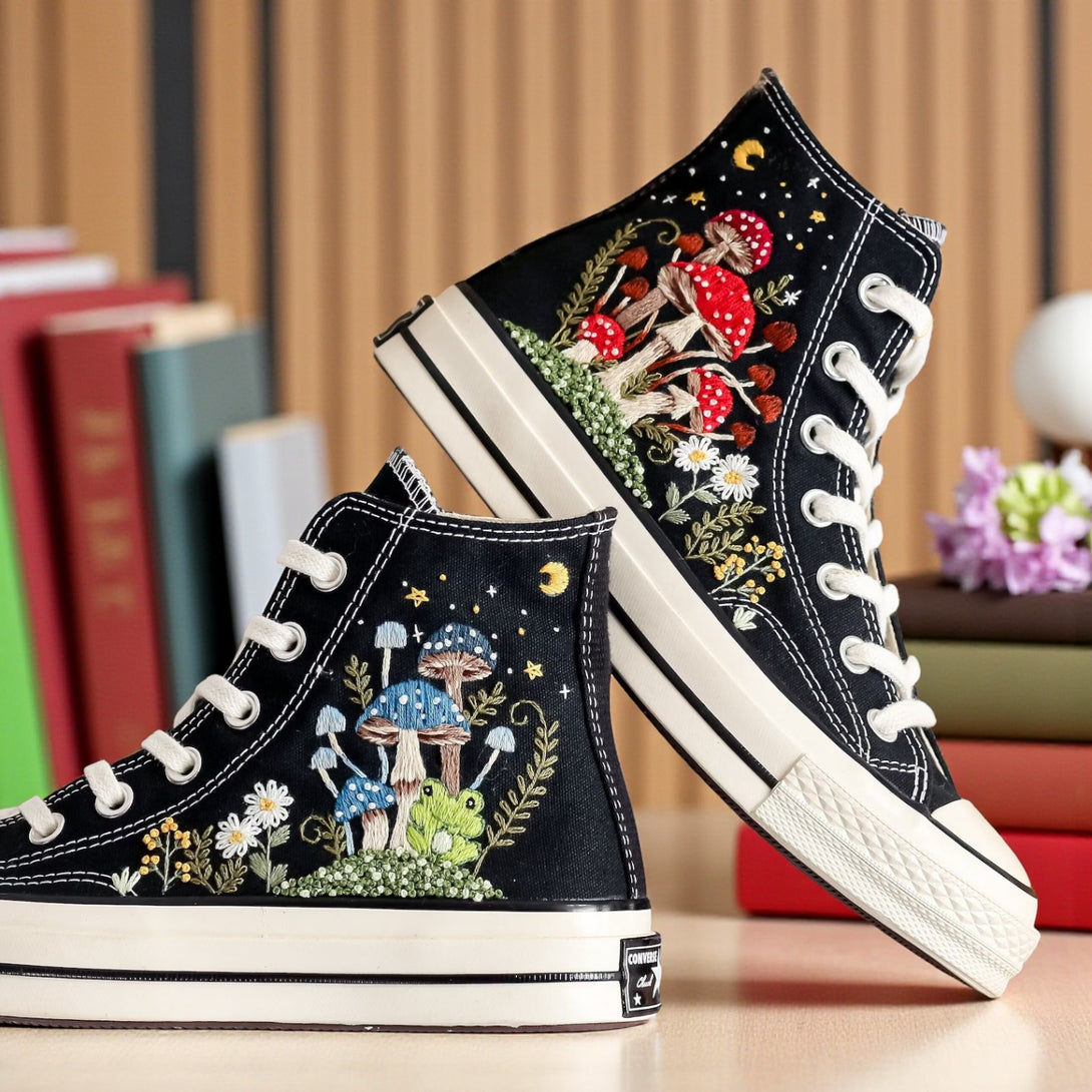 Converse Mushroom Shoes with Colorful Embroidery of Mushrooms and Flowers on Black Canvas