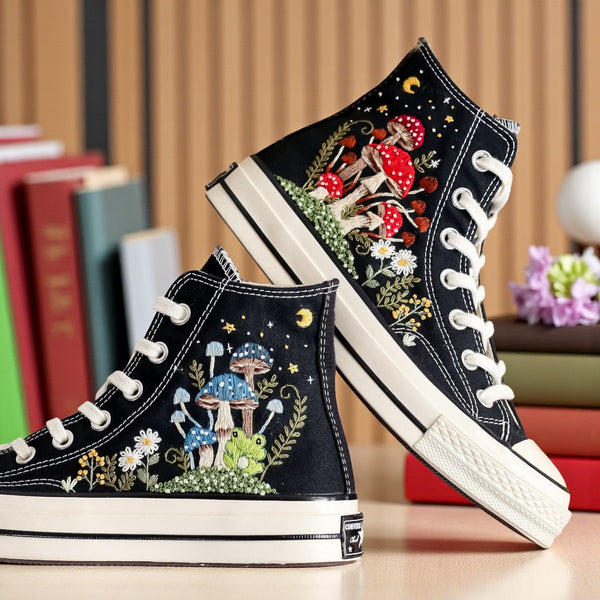 Converse Mushroom Shoes with Colorful Embroidery of Mushrooms and Flowers on Black Canvas