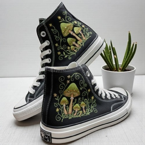 Converse Mushrooms Embroidered Sneakers featuring intricate mushroom designs on black high-top canvas