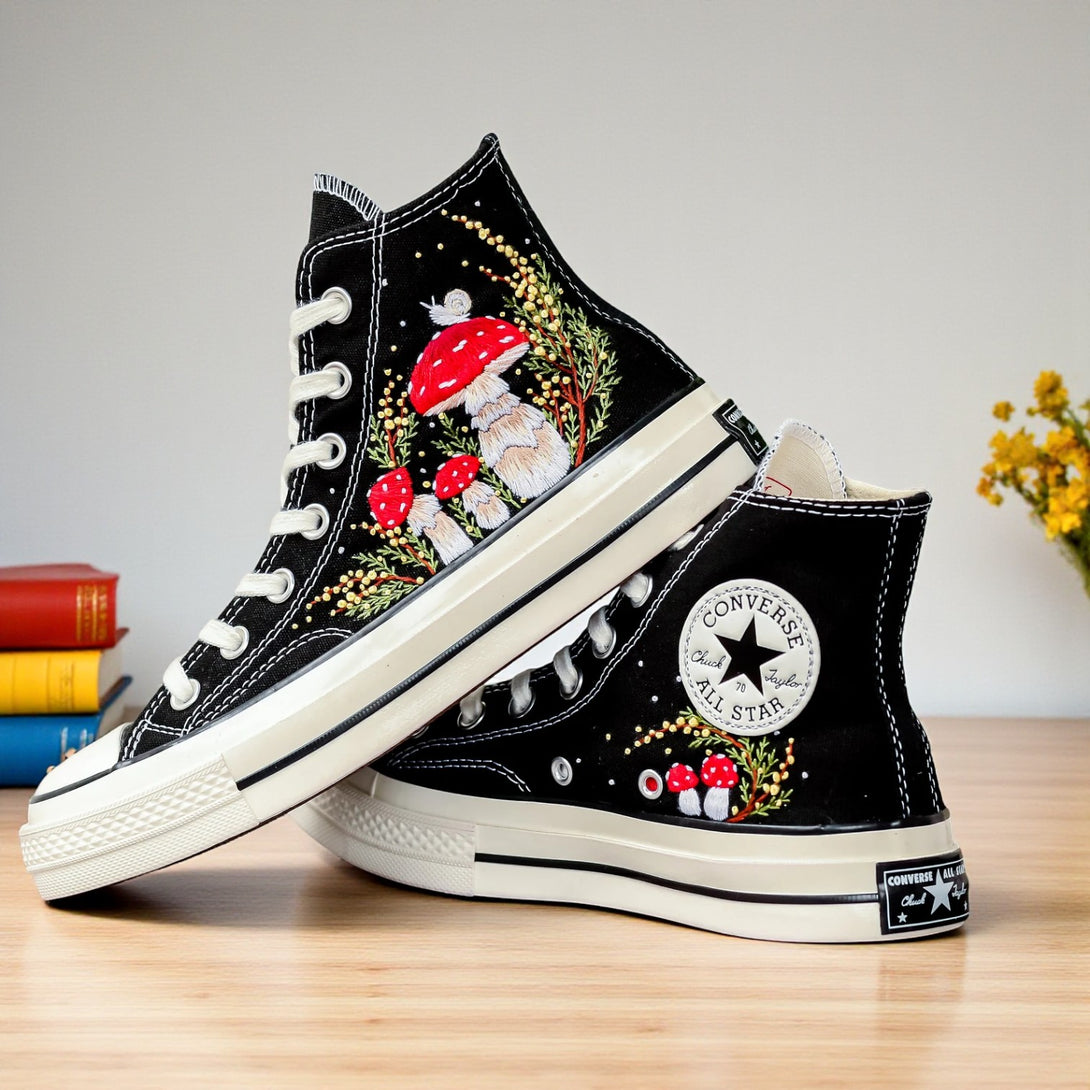 Converse embroidered shoes featuring colorful mushrooms shoes design on black canvas