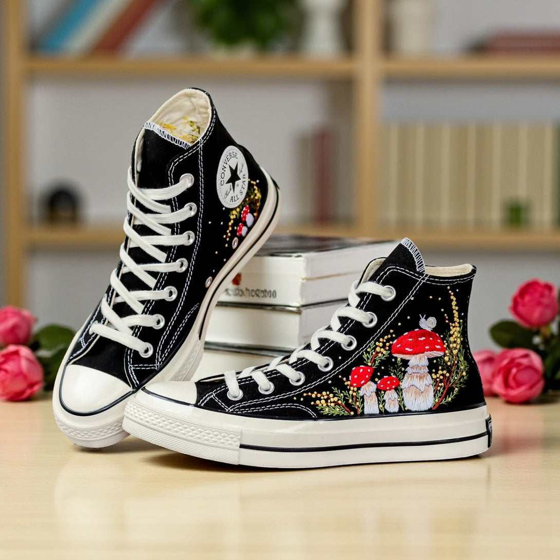 Converse embroidered Mushrooms Shoes featuring vibrant mushroom designs on black canvas
