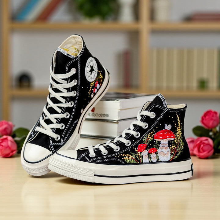 Converse embroidered Mushrooms Shoes featuring vibrant mushroom designs on black canvas