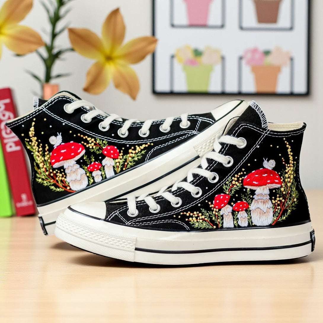 Converse black embroidered Mushrooms Shoes with colorful mushroom designs for unique style