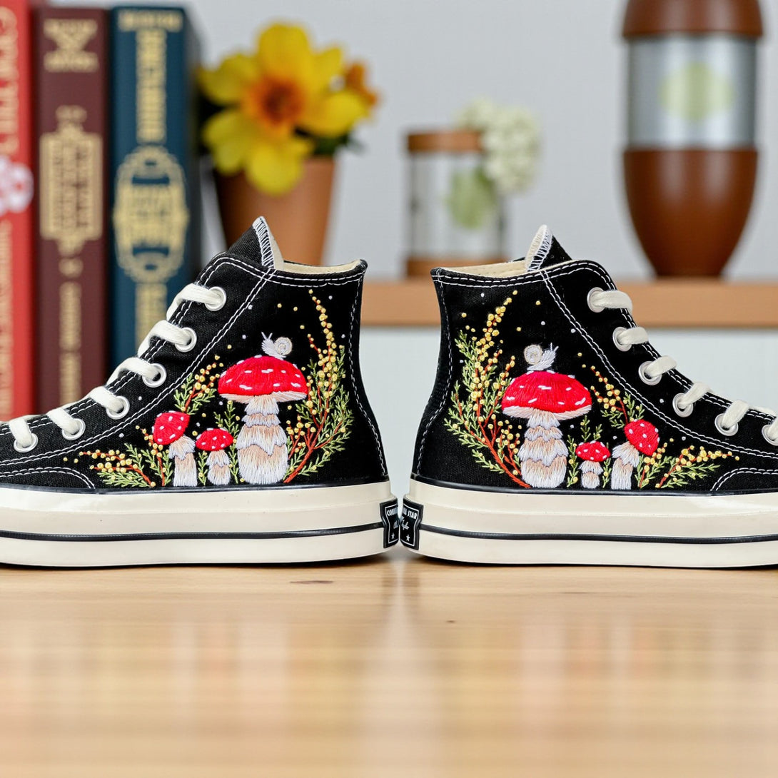 Converse embroidered shoes with colorful mushroom shoes design featuring red and white mushrooms