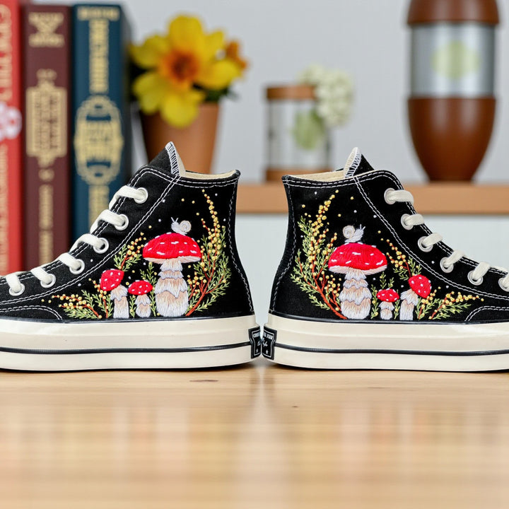 Converse embroidered shoes with colorful mushroom shoes design featuring red and white mushrooms