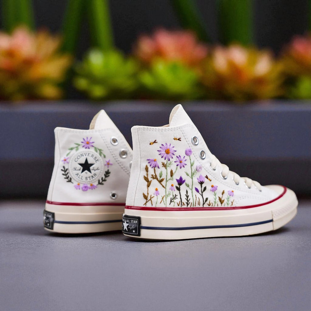 White embroidered high-top shoes with purple floral design from Stitchery Zone, navy blue shoes for wedding alternative