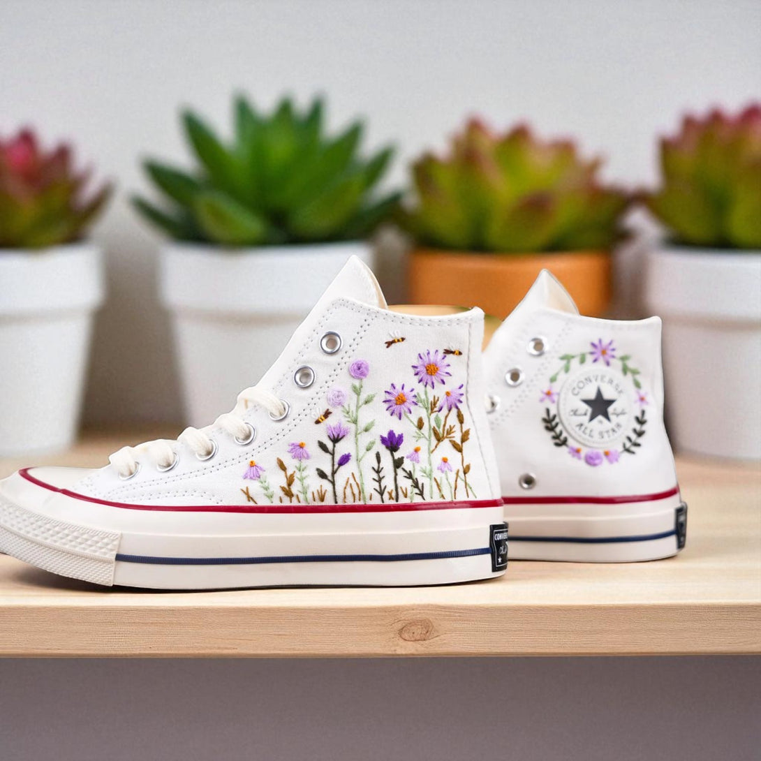 Stitchery Zone embroidered shoes with colorful floral design on white high-top canvas