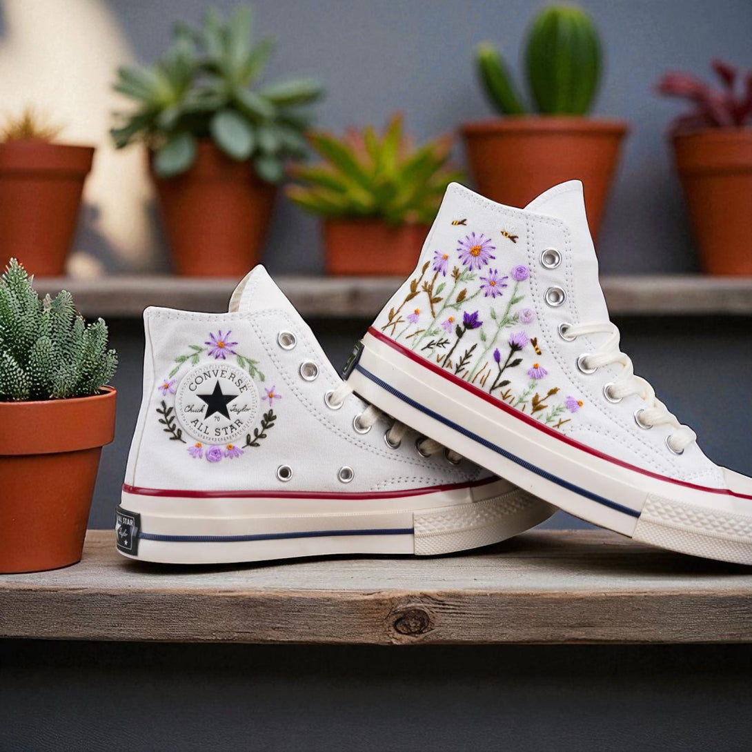 White embroidered shoes with floral design by Stitchery Zone as alternative to navy blue shoes for wedding