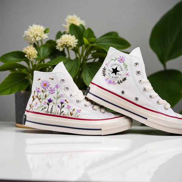 Stitchery Zone embroidered high top shoes with floral designs not navy blue shoes for wedding