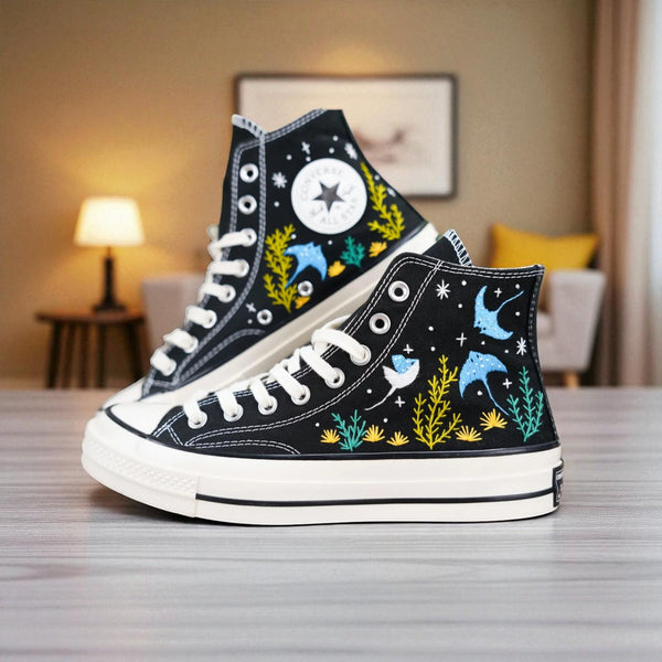 Ocean Embroidered Shoes Custom by Stitchery Zone black high-top sneakers with blue and yellow ocean design