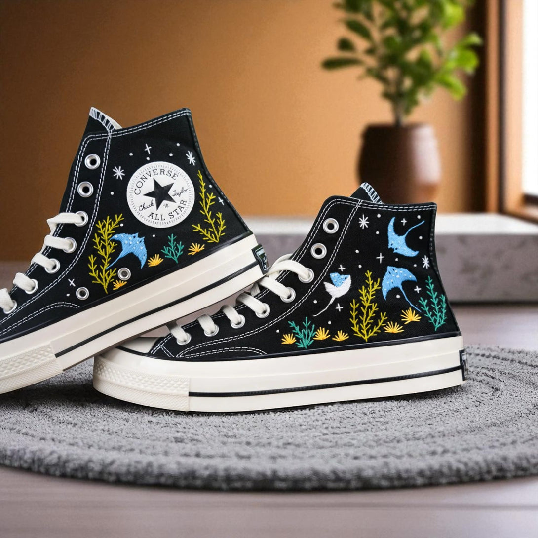 Ocean Embroidered Shoes Custom black high-top sneakers with blue sea creatures and yellow coral details