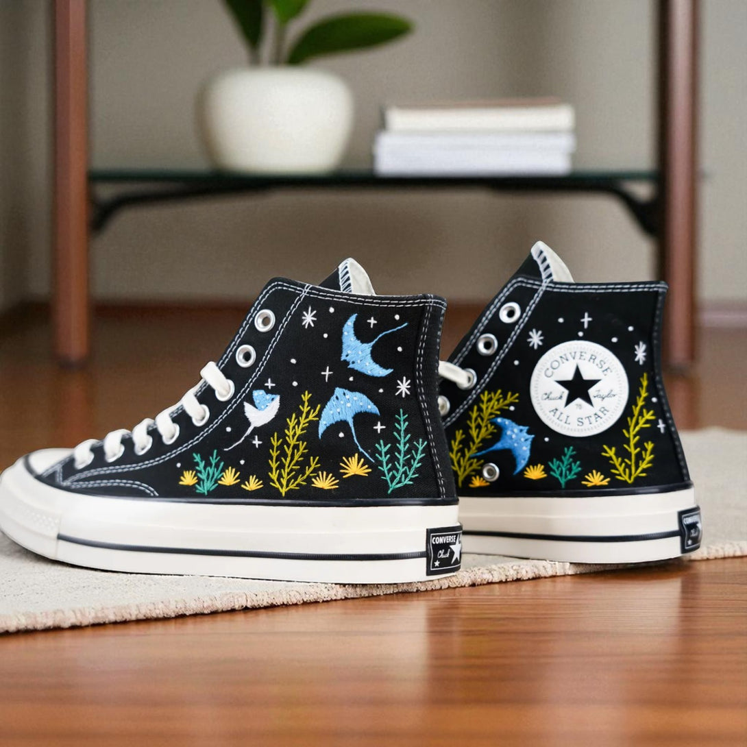 Ocean Embroidered Shoes Custom by Stitchery Zone featuring black high-top sneakers with blue birds and underwater plant designs