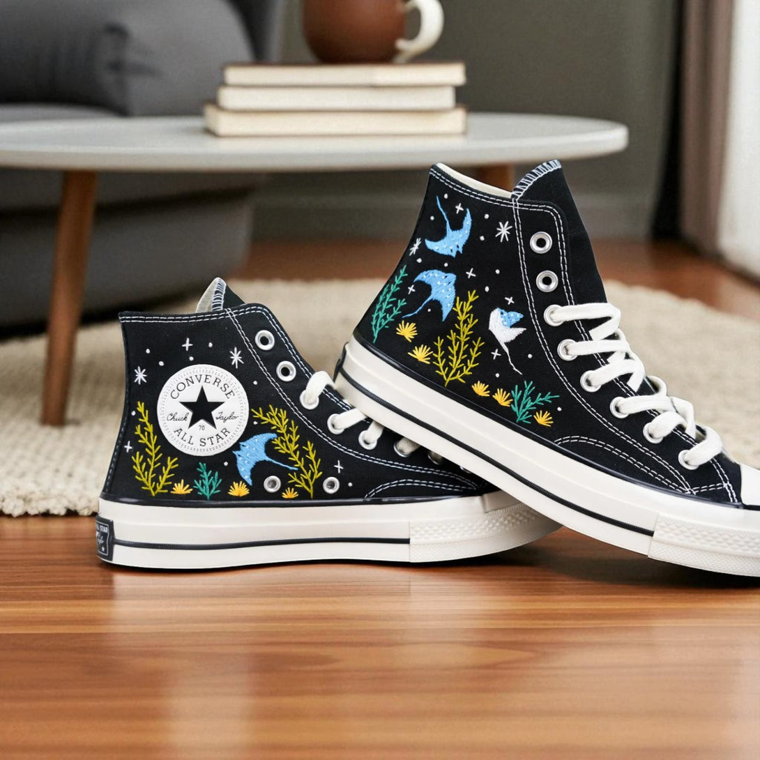 Ocean Embroidered Shoes Custom high-top black sneakers with blue and yellow sea life embroidery by Stitchery Zone