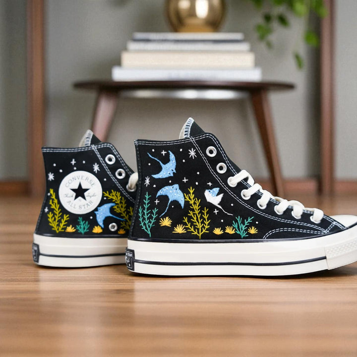 Stitchery Zone black high-top Ocean Embroidered Shoes Custom with sea life and plant designs
