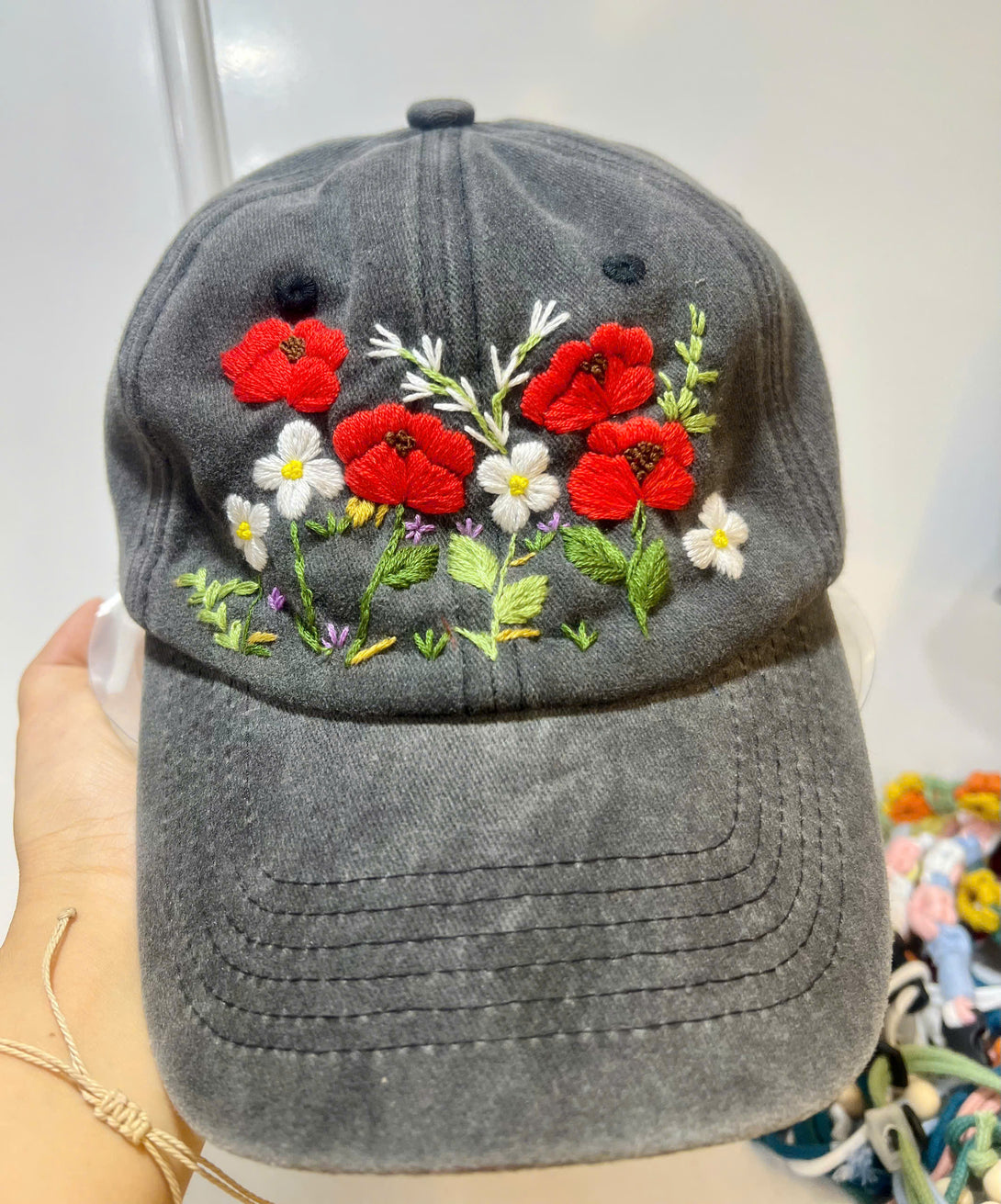 Grey Peonies Hand Embroidered Hat with red and white floral design by Stitchery Zone