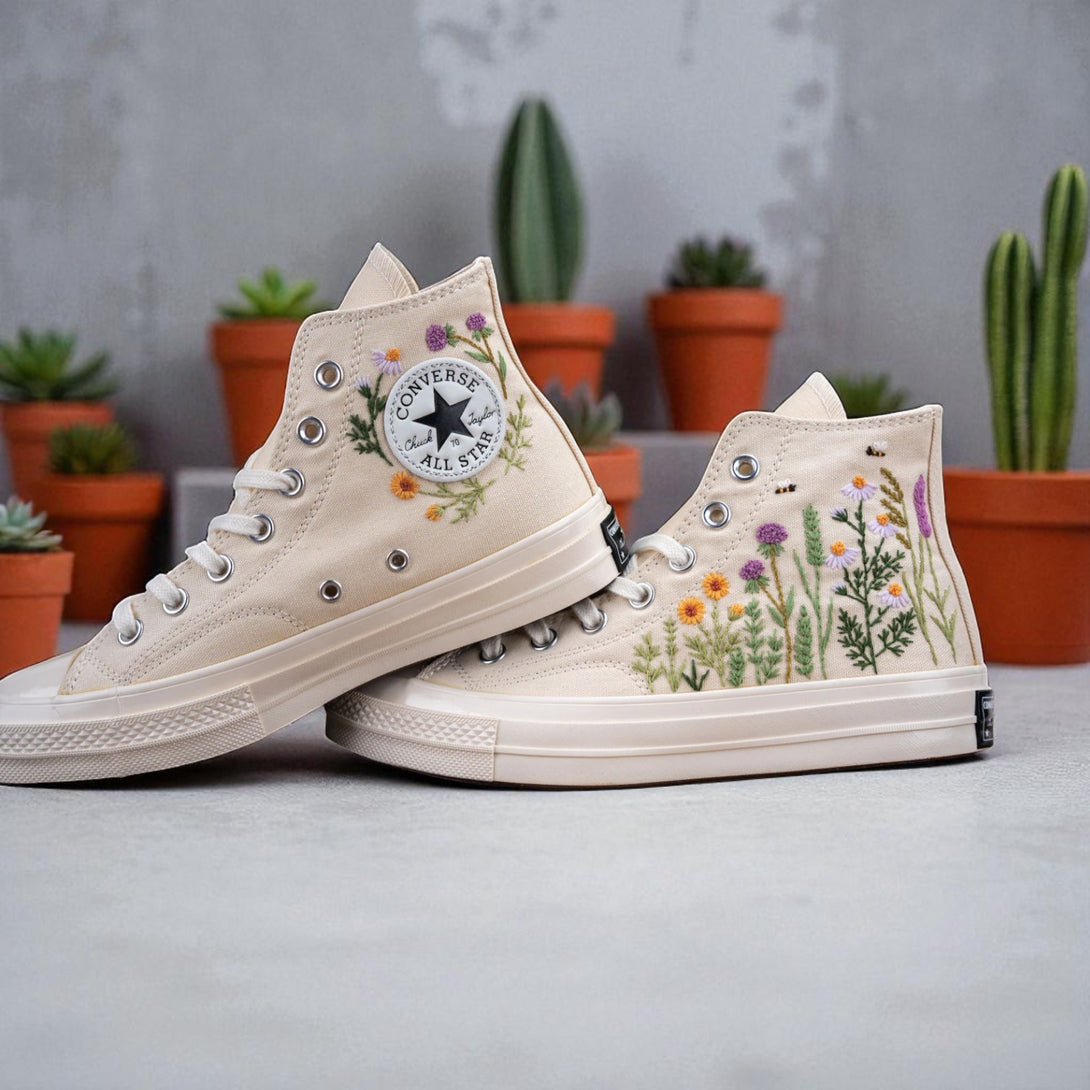 Stitchery Zone personalized bride sneakers with custom embroidered wedding sneakers featuring floral designs on white Converse style shoes