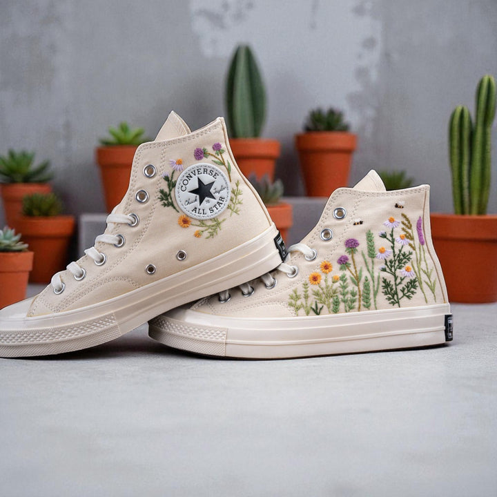 Stitchery Zone personalized bride sneakers with custom embroidered wedding sneakers featuring floral designs on white Converse style shoes