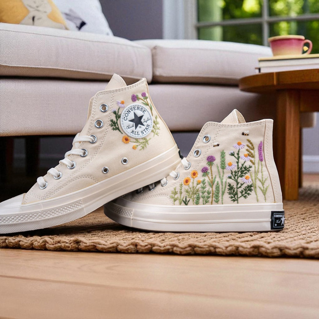Personalized Bride Sneakers Custom Embroidered Wedding Sneakers by Stitchery Zone with floral design on white high-top canvas shoes