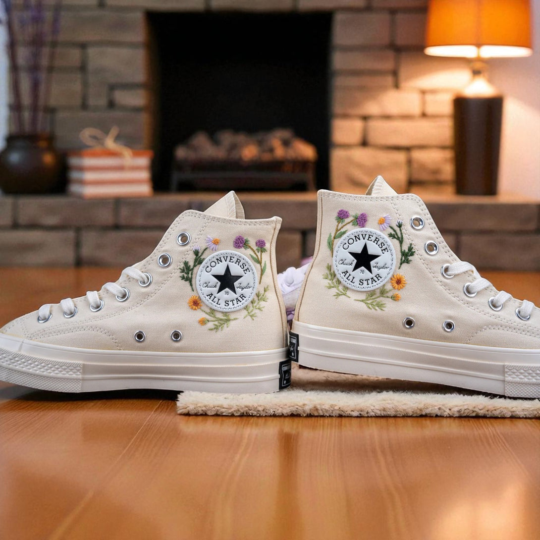 Personalized Bride Sneakers custom embroidered wedding sneakers by Stitchery Zone with floral design on white Converse shoes
