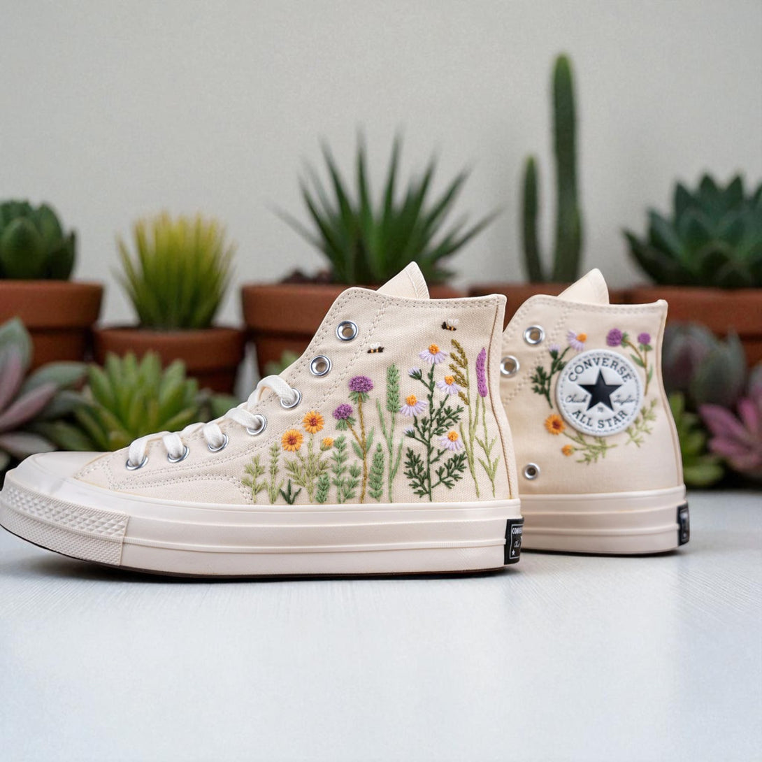 Personalized Bride Sneakers custom embroidered wedding sneakers with purple floral design by Stitchery Zone