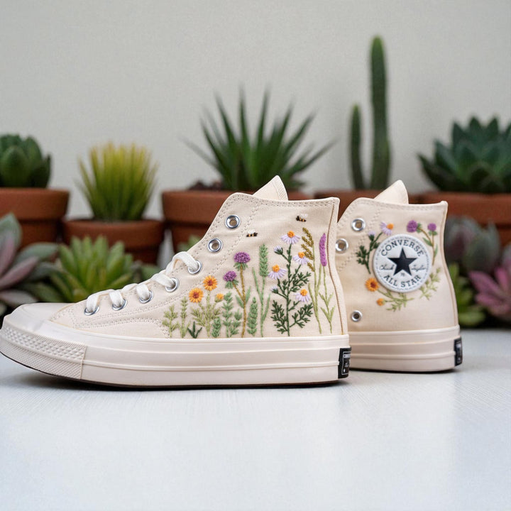 Personalized Bride Sneakers custom embroidered wedding sneakers with purple floral design by Stitchery Zone