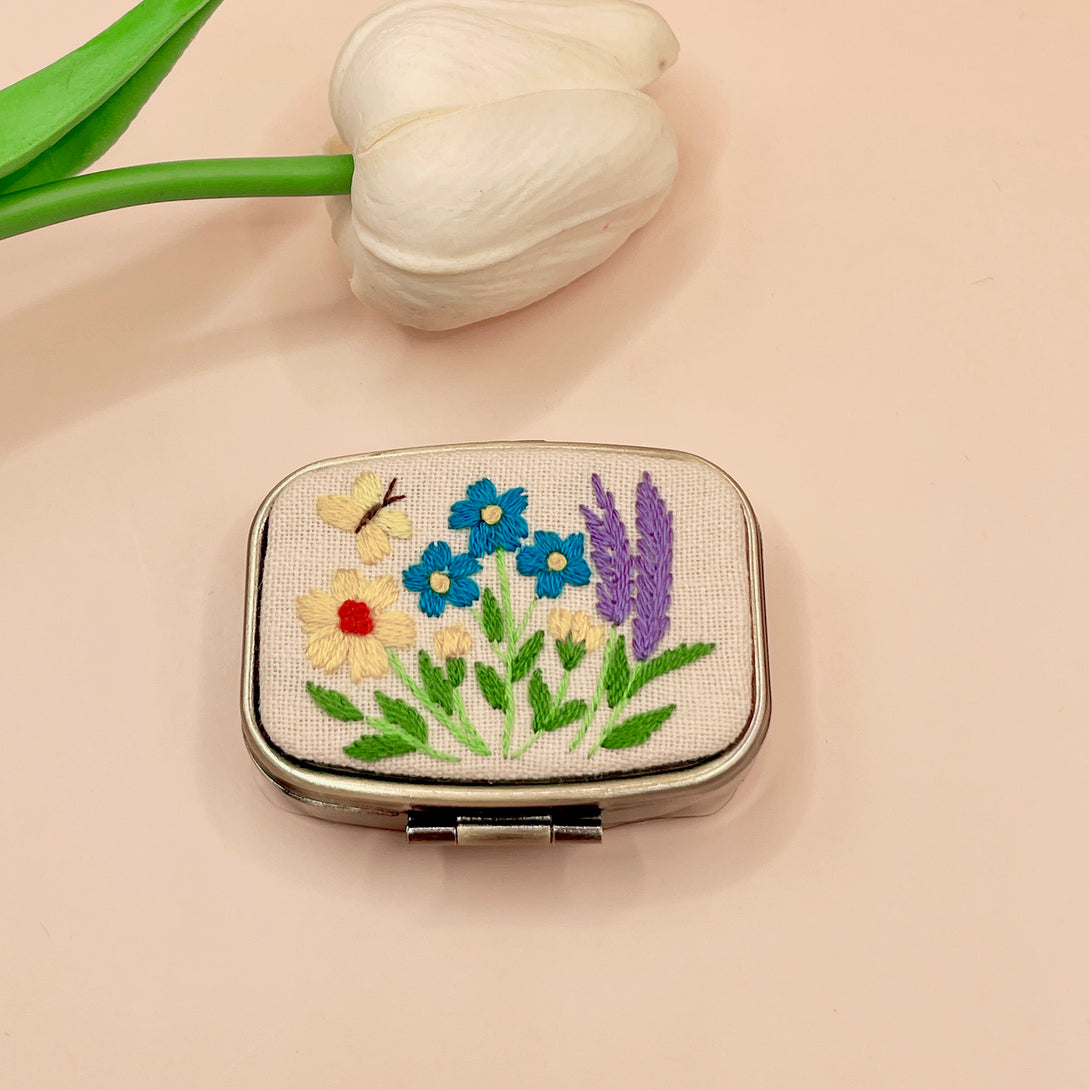 Stitchery Zone Personalized Embroidered Jewelry Box with floral embroidery and butterfly design on beige fabric