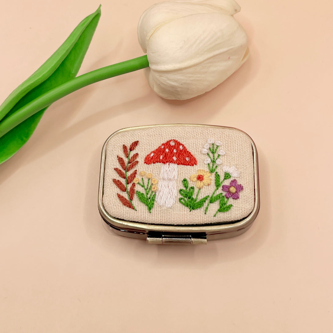 Stitchery Zone Personalized Embroidered Jewelry Box with floral and mushroom design on the lid