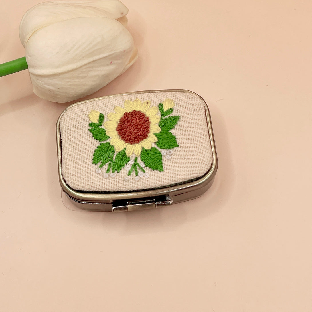 Stitchery Zone Personalized Embroidered Jewelry Box with sunflower embroidery on beige fabric