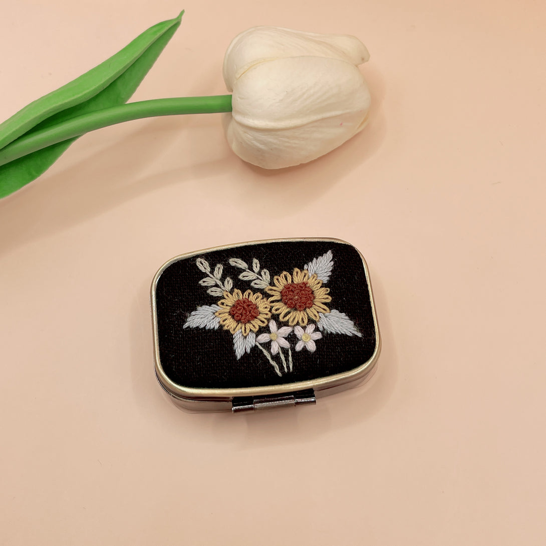 Stitchery Zone Personalized Embroidered Jewelry Box with floral design on black fabric and compact mirror inside