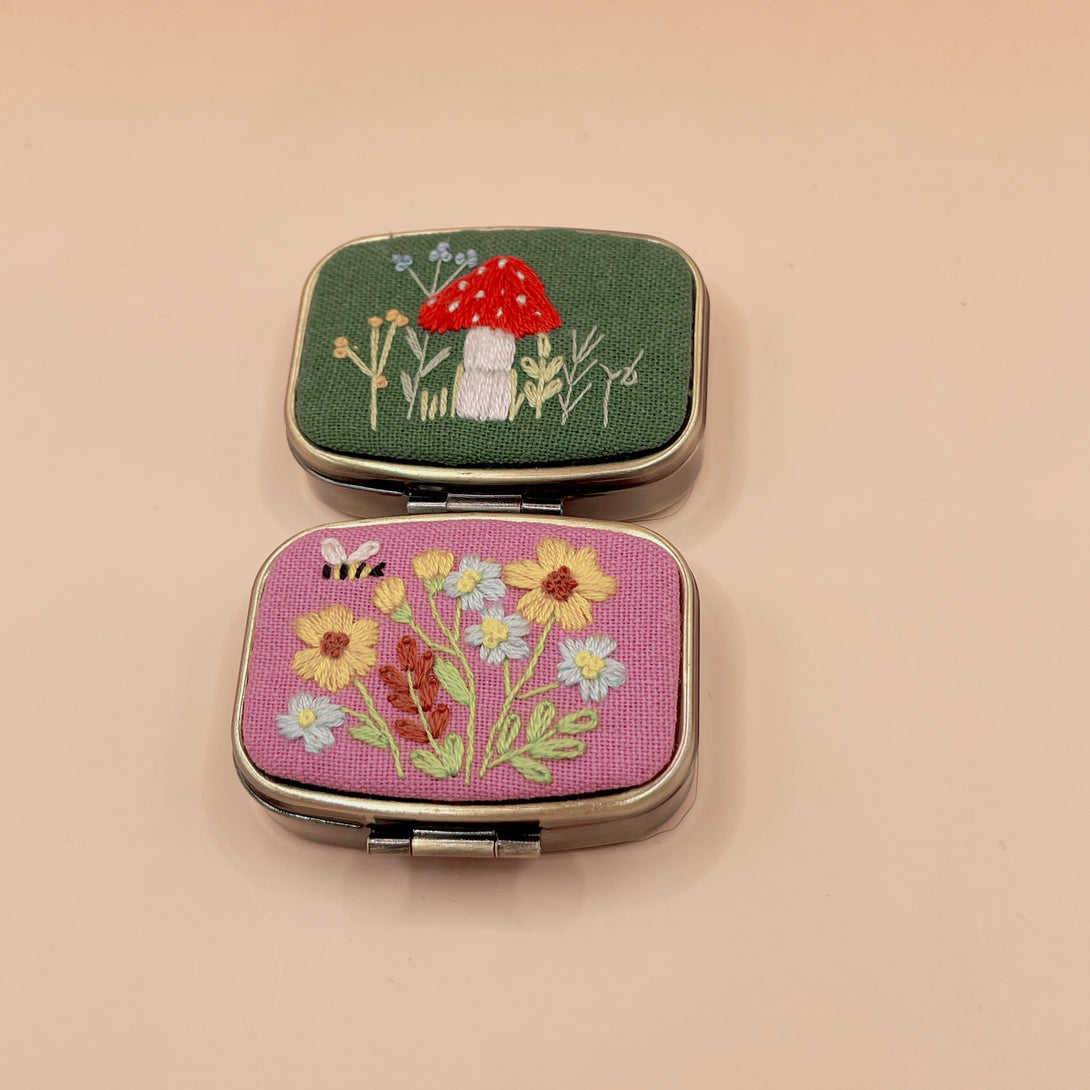 Personalized Embroidered Jewelry Box by Stitchery Zone with floral and mushroom designs