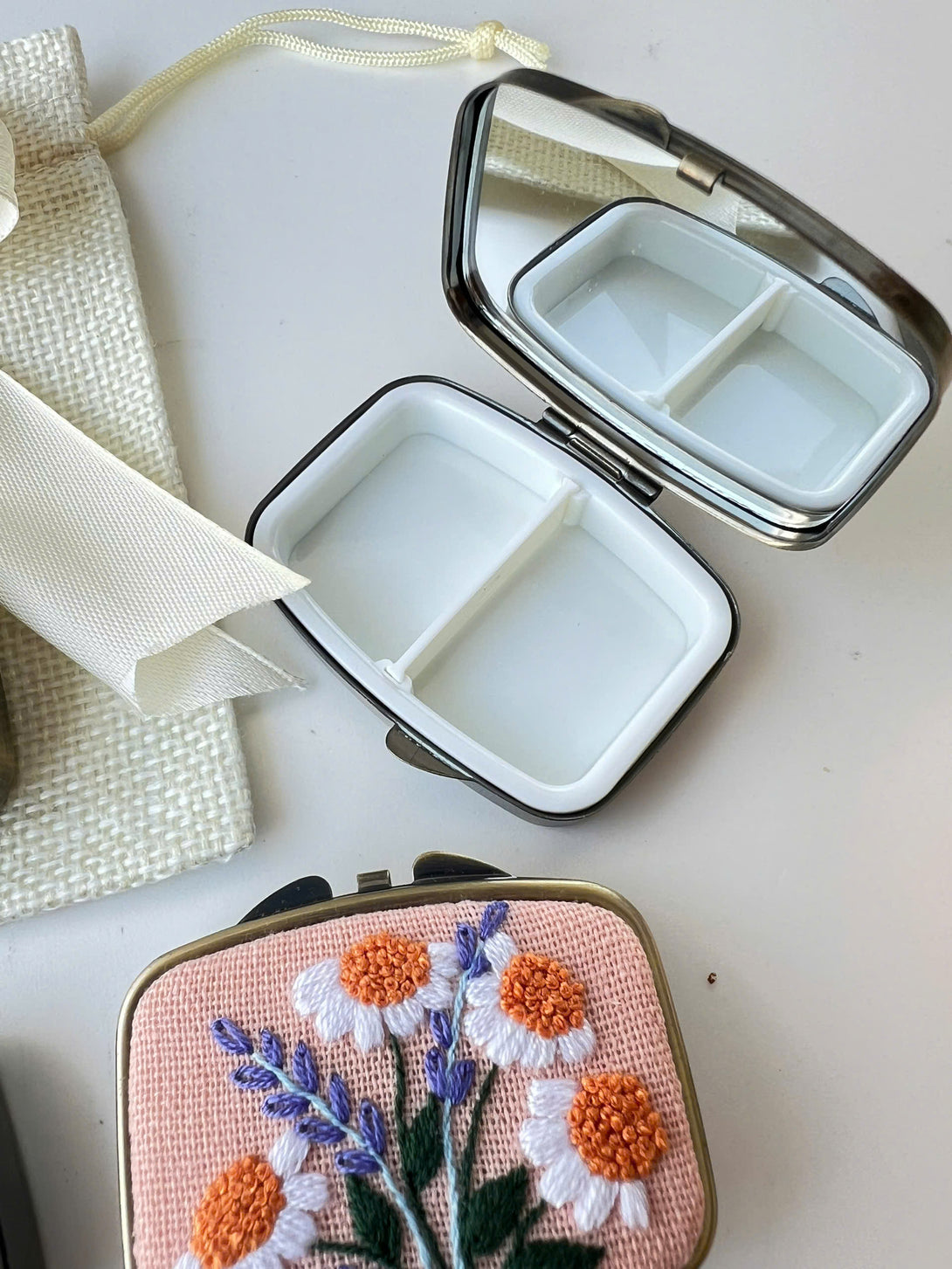 Personalized Embroidered Jewelry Box with mirror and floral embroidery from Stitchery Zone