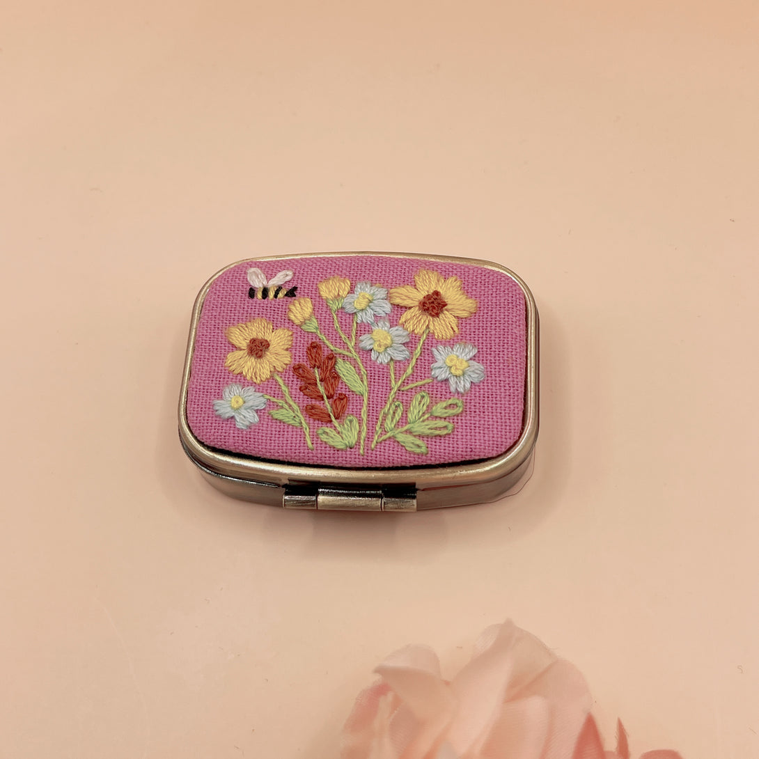 Personalized Embroidered Jewelry Box with floral and bee design on pink fabric by Stitchery Zone