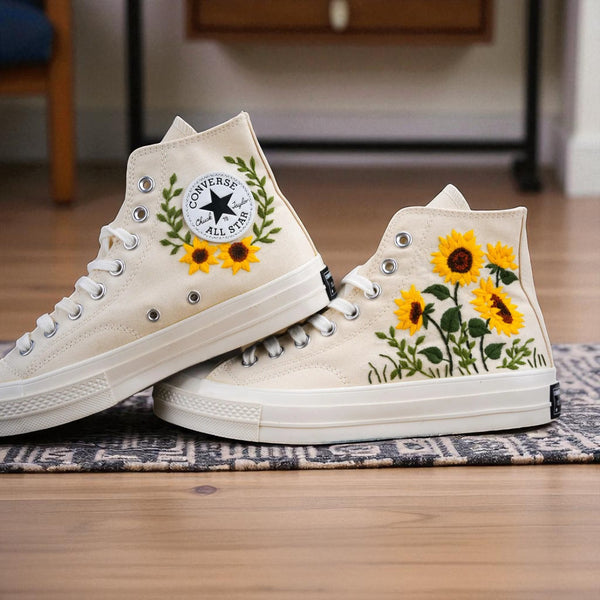 Stitchery Zone personalized sunflower sneakers with embroidered sunflowers on cream high-top canvas shoes