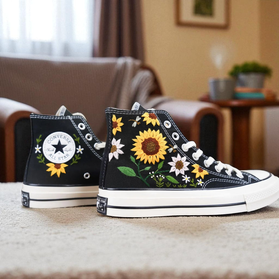 Stitchery Zone Personalized Sunflower Sneakers with embroidered sunflower and floral designs on black high-top canvas shoes
