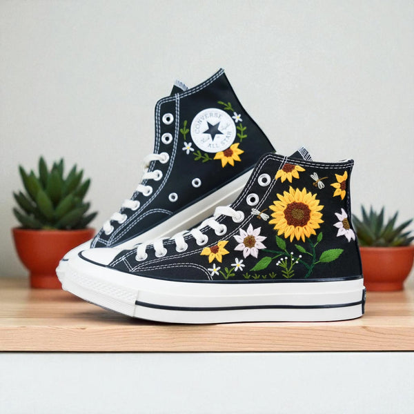 Stitchery Zone personalized sunflower sneakers black high top embroidered shoes with floral design