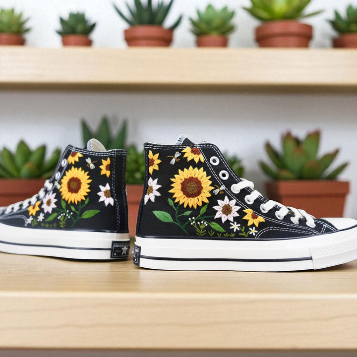 Stitchery Zone personalized sunflower sneakers black embroidered high top shoes with floral design