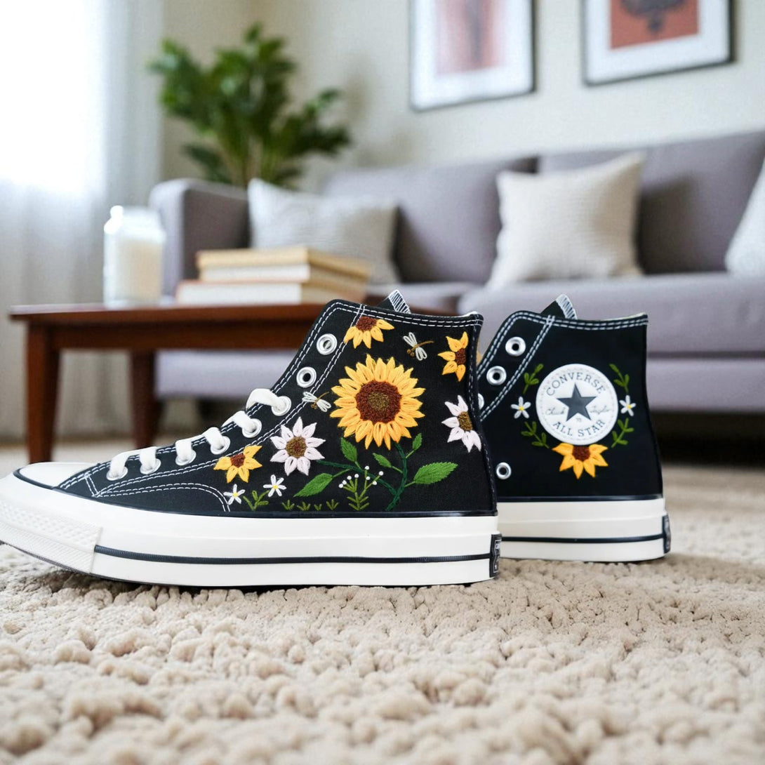 Stitchery Zone embroidered Personalized Sunflower Sneakers black high-top shoes with floral design